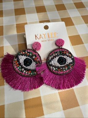 Kay Lee Pink Beaded Eye Fringe Statement Earrings